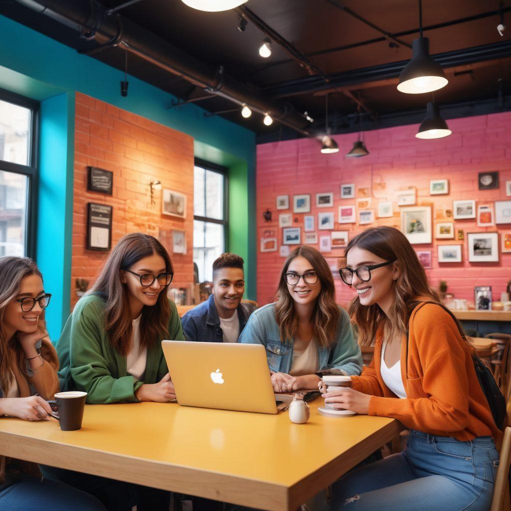A dynamic scene showcasing a diverse group of influencers of different backgrounds, passionately creating content with cameras and laptops in a vibrant coffee shop. The backdrop features an array of colorful imaginative illustrations representing social media platforms, while light beams symbolize creativity and inspiration flowing around. The atmosphere is lively, inviting, and modern. super-realistic. vibrant colors. digital art.