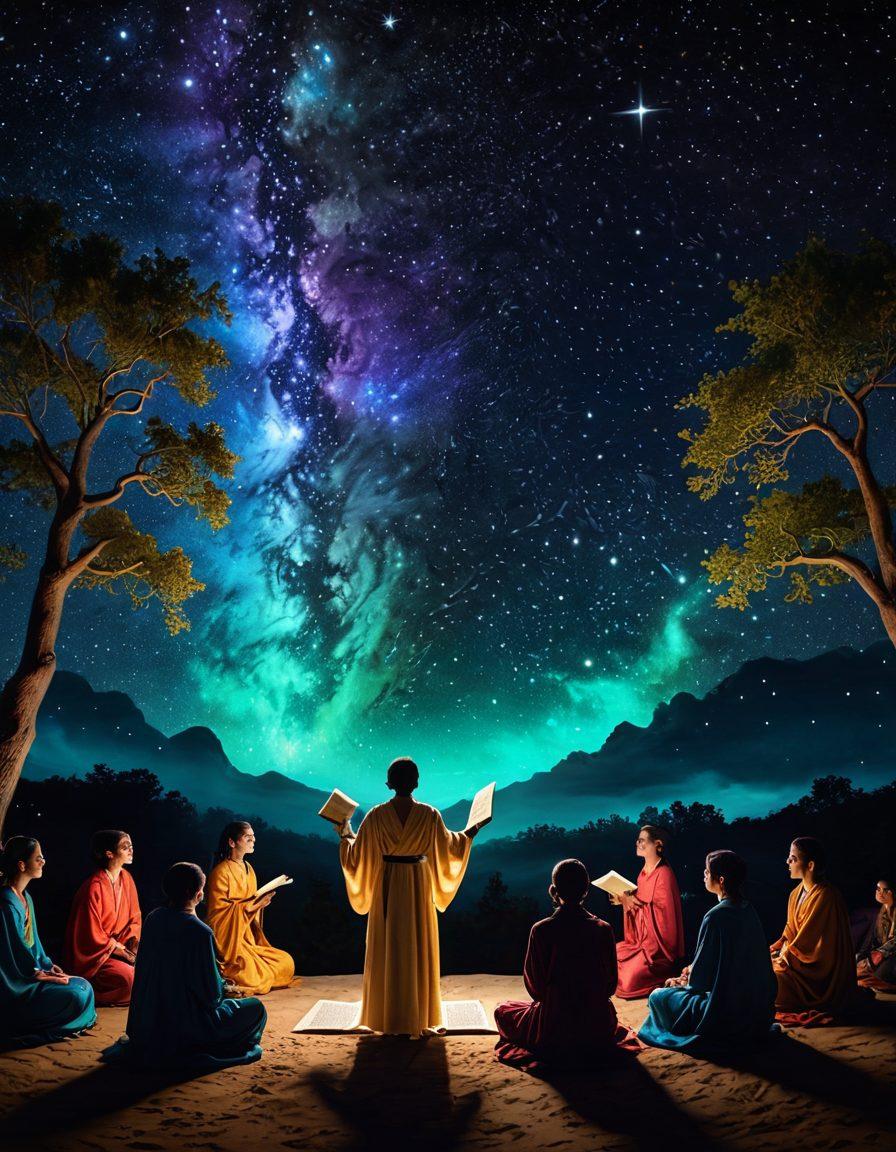 A vivid depiction of a storyteller captivating an audience under a starry night sky, surrounded by glowing, swirling words and symbols representing various narratives. The storyteller is holding an ancient open book, with colorful illustrations emerging from the pages. The ambiance is magical and inviting, illustrating the connection between storytelling and online communication. dreamy, vibrant colors, ethereal atmosphere.