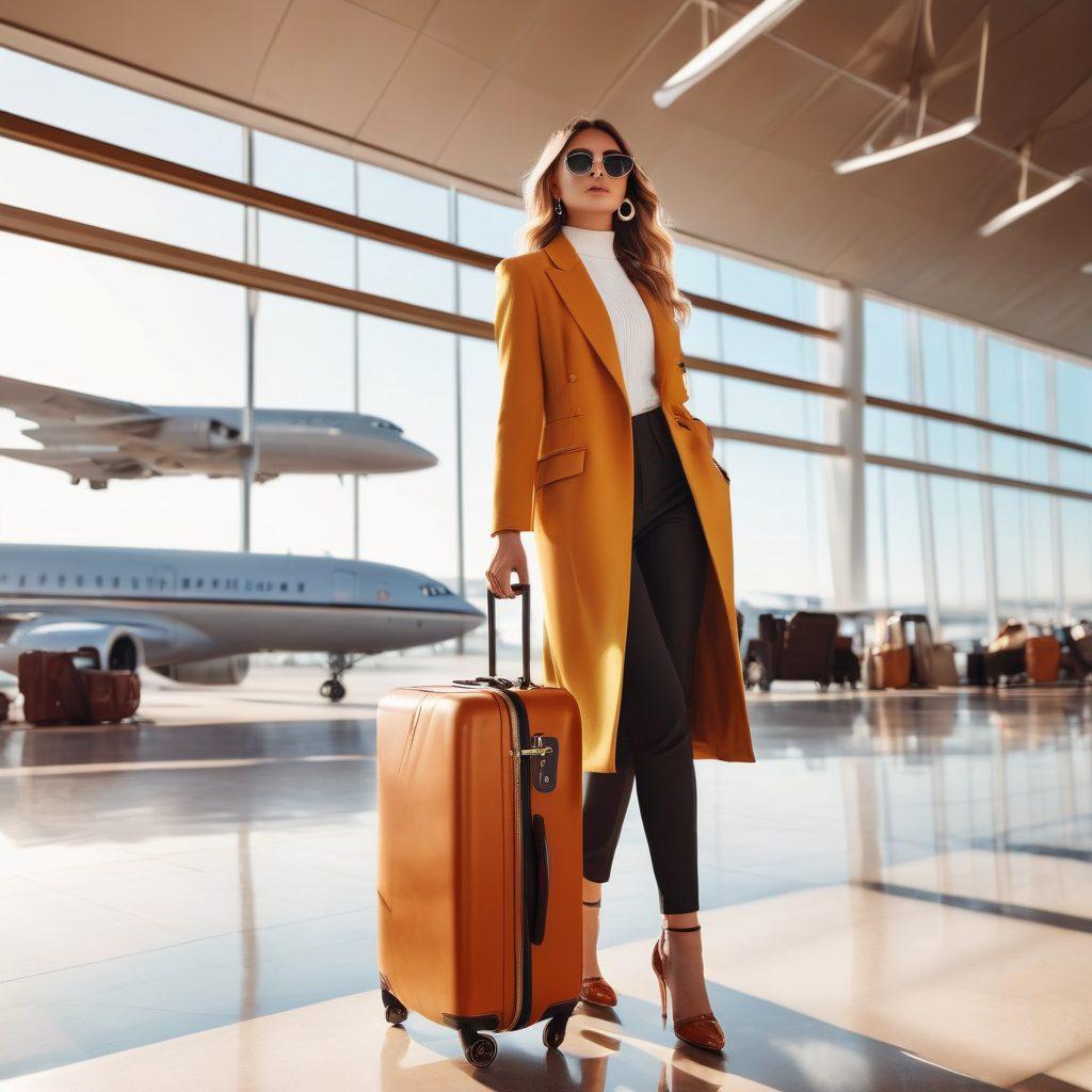 A stylish influencer standing at an airport, elegantly dressed in a chic outfit, holding a designer suitcase. Around her are floating icons of fashion items like shoes and bags, mixed with travel elements like airplanes and suitcases. A bright sun illuminates the scene, suggesting adventure ahead. The background showcases a luxurious travel destination skyline. vibrant colors. 3D.